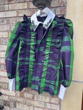 Green & Purple Ruffle-Front Embellished-Collar Blazer
